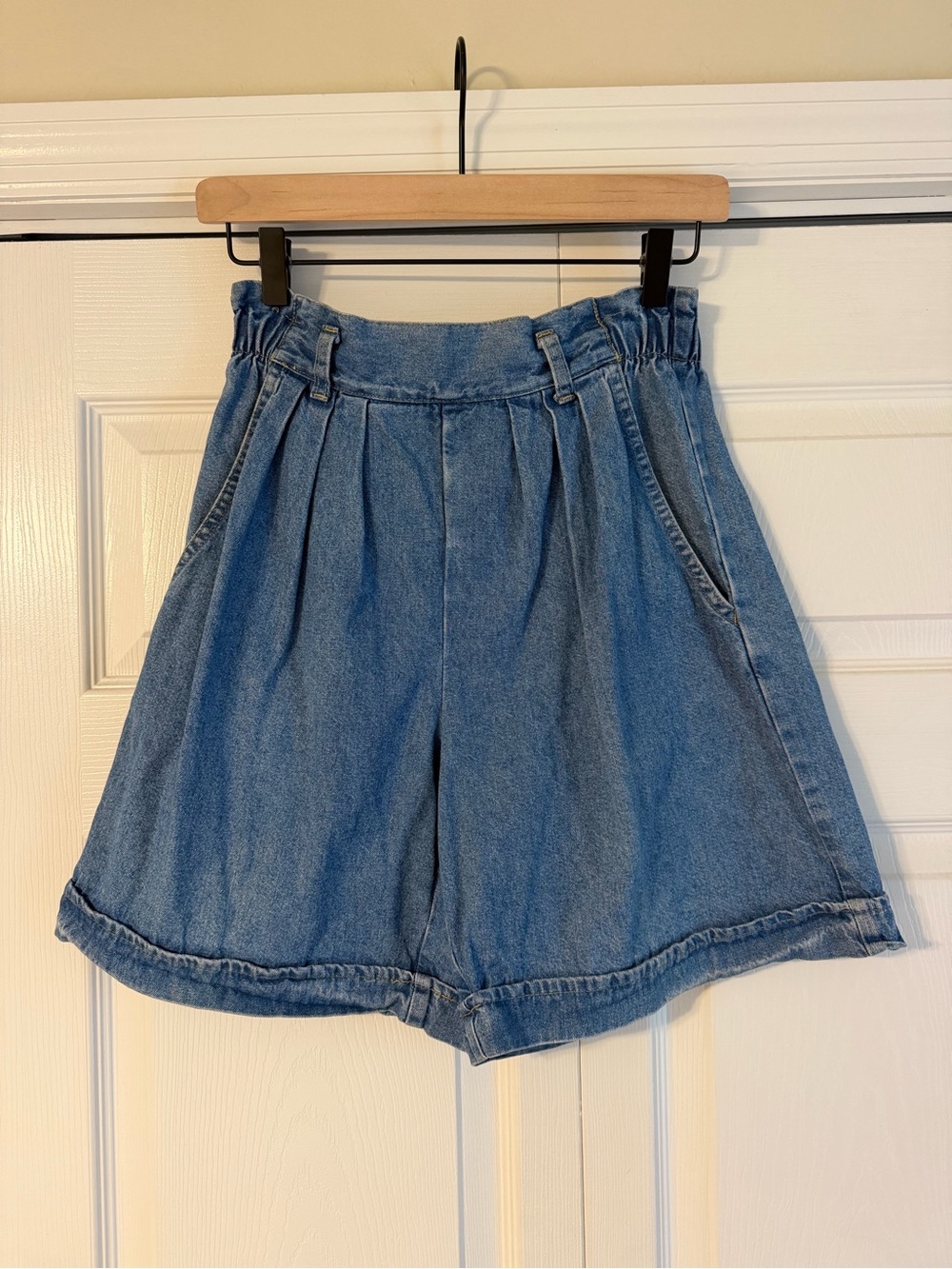 High-Waist Blue Denim Paperbag Shorts
